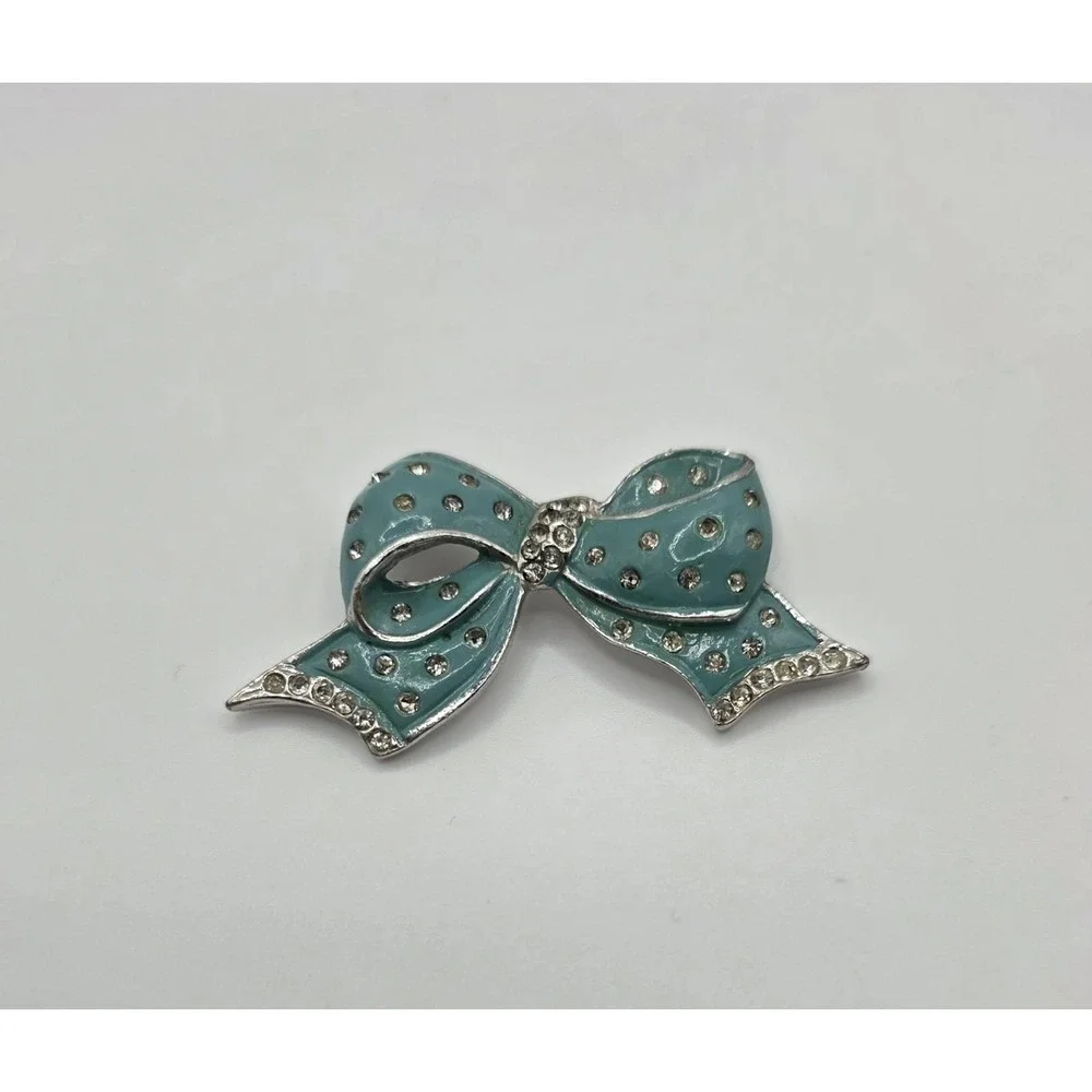 Vintage Silver Tone Blue Enamel Bow Brooch Rhinestone Statement Piece